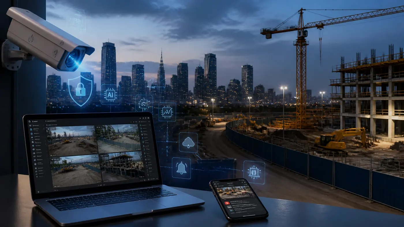 Remote security camera and monitoring dashboard overlooking a construction site at dusk